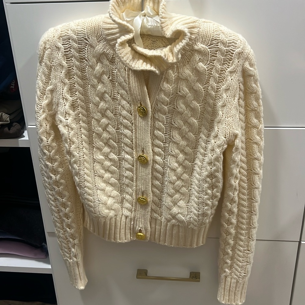 Jcrew cable ruffle neck cardigan with gold buttons